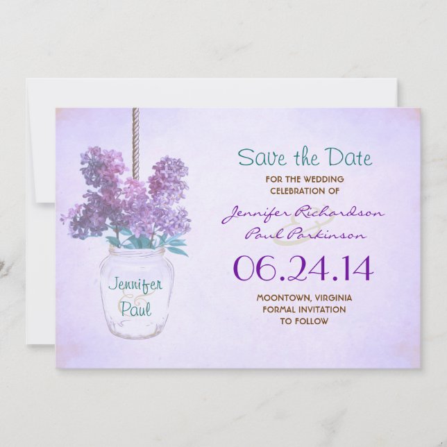 mason jar & purple lilacs save the date (Front)