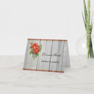 Mason Jar Red Dahlias Barn Wood Thank You Card