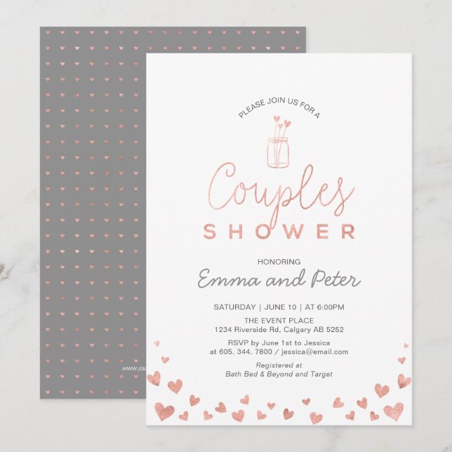 Mason Jar, Rose Gold & Grey Couples Wedding Shower Invitation (Front/Back)