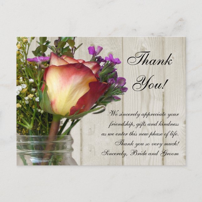 Mason Jar Rose Wildflowers Wedding/ Thank You Note Postcard (Front)