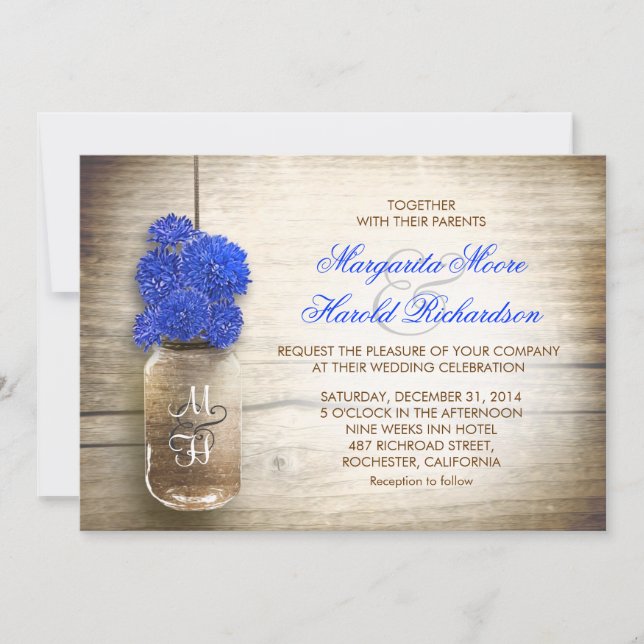Mason jar & royal blue flowers wedding invitations (Front)