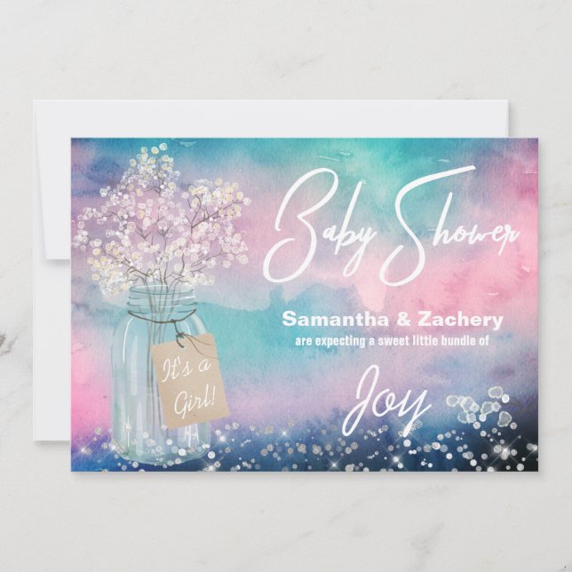 *~* Mason Jar Rustic Baby Breath Baby Shower Invitation (Front)