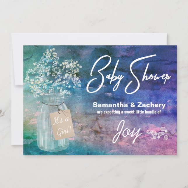 *~* Mason Jar Rustic Baby's Breath Baby Shower Invitation (Front)