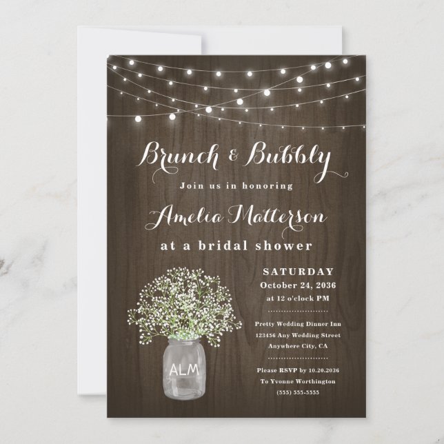 Mason Jar Rustic Brunch and Bubbly Bridal Shower Invitation (Front)