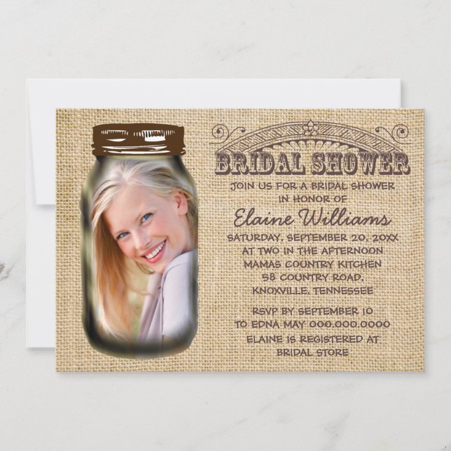 Mason Jar Rustic Burlap Bridal Shower Invitation (Front)