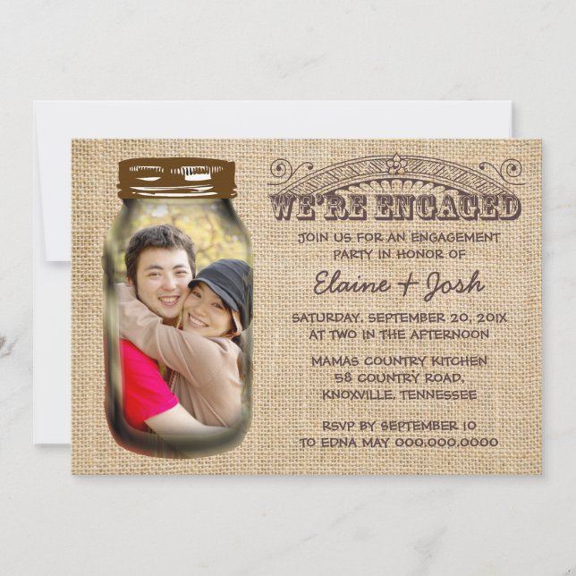 Mason Jar Rustic Burlap Engagement Party Invitation (Front)