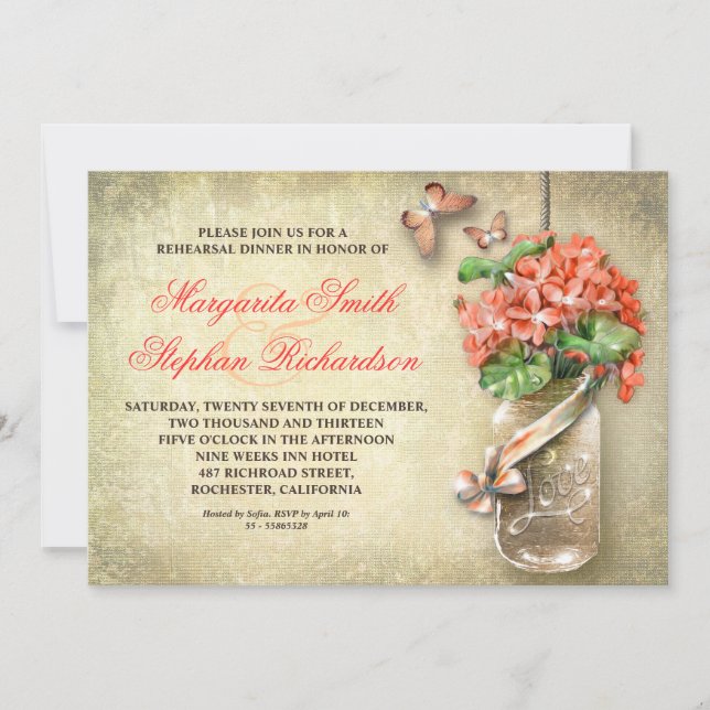 mason jar rustic burlap rehearsal dinner invites (Front)