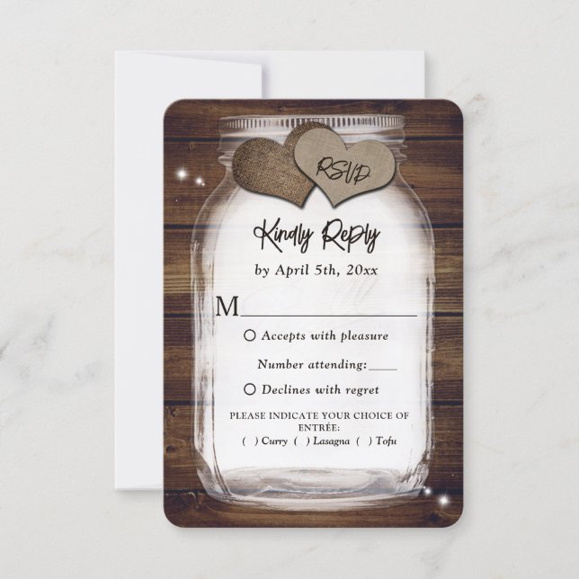 Mason Jar Rustic Country Barn Wood Wedding Meal RSVP Card (Front)