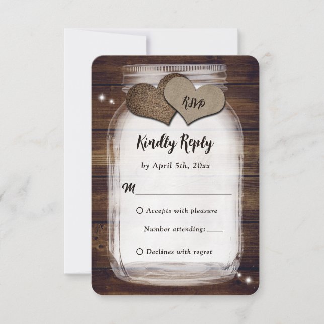 Mason Jar Rustic Country Burlap Heart Wedding RSVP (Front)
