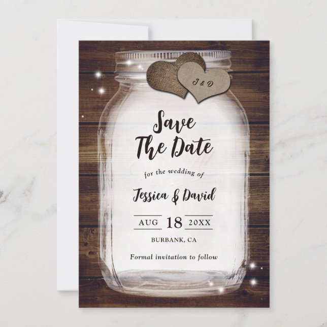 Mason Jar Rustic Country Heart Barn Wood Wedding Save The Date (Front)