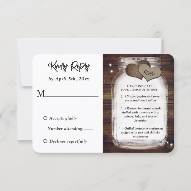 Mason Jar Rustic Country Wedding Meal Choice RSVP Card (Front)