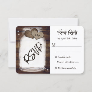 Mason Jar Rustic Country Wood Burlap Heart Wedding RSVP Card