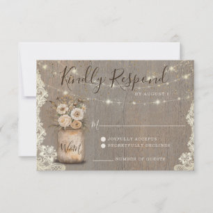 Mason Jar Rustic Floral String Lights Wood Wedding RSVP Card
