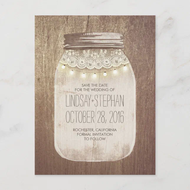 Mason Jar Rustic Lace & Lights Save The Date Announcement Postcard | Zazzle
