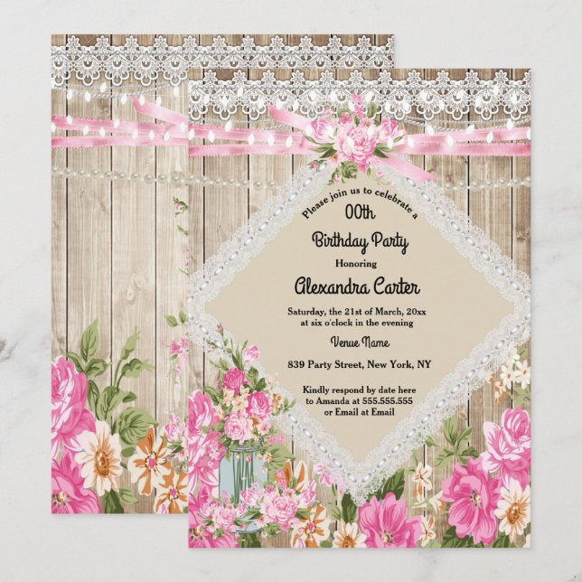Mason Jar Rustic Pearl String Lights Floral Pink Invitation (Front/Back)