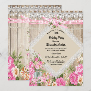 Mason Jar Rustic Pearl String Lights Floral Pink Invitation