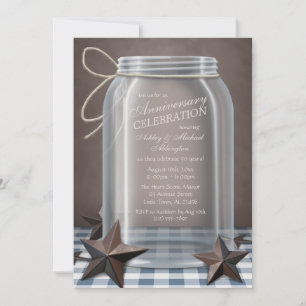 Mason Jar Rustic Stars Blue Gingham Anniversary Invitation