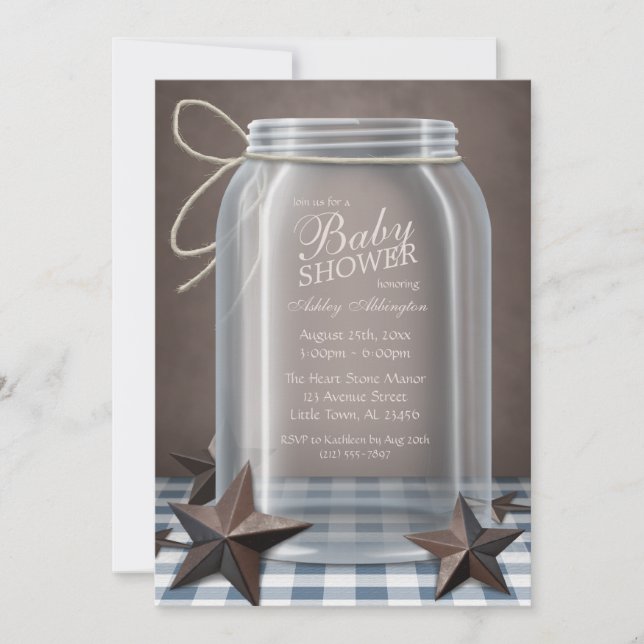 Mason Jar Rustic Stars Blue Gingham Baby Shower Invitation (Front)