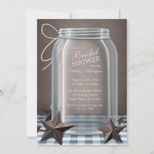 Mason Jar Rustic Stars Blue Gingham Bridal Shower Invitation