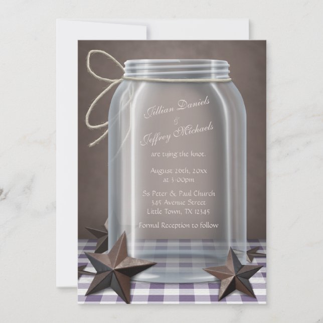 Mason Jar Rustic Stars Purple Gingham Wedding Invitation (Front)