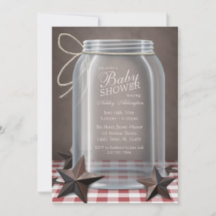 Mason Jar Rustic Stars Red Gingham Baby Shower Invitation