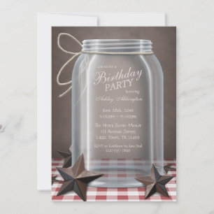 Mason Jar Rustic Stars Red Gingham Birthday Invitation