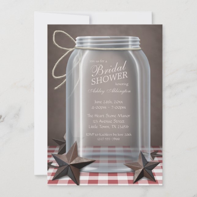 Mason Jar Rustic Stars Red Gingham Bridal Shower Invitation (Front)