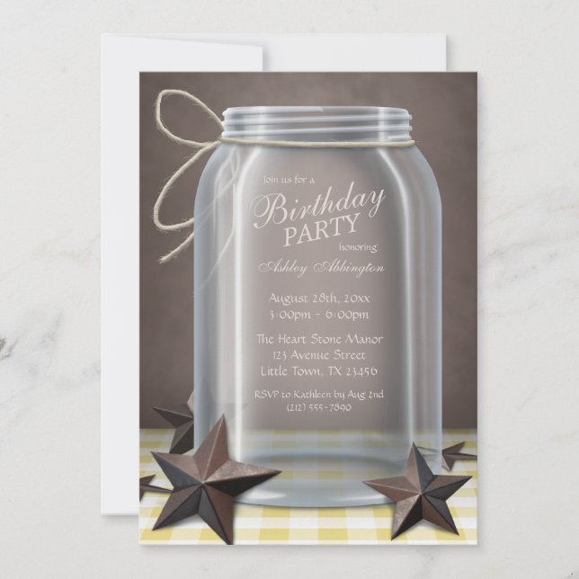 Mason Jar Rustic Stars Yellow Gingham Birthday Invitation (Front)