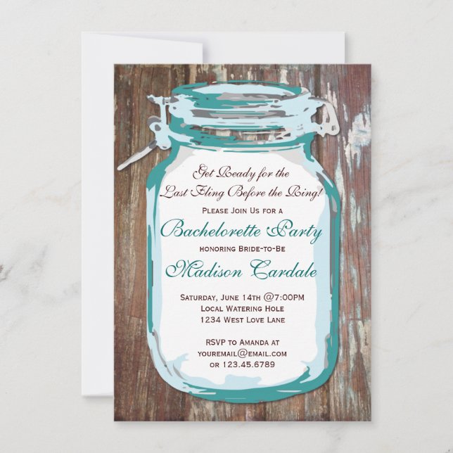 Mason Jar Rustic Wood Bachelorette Party Invites (Front)