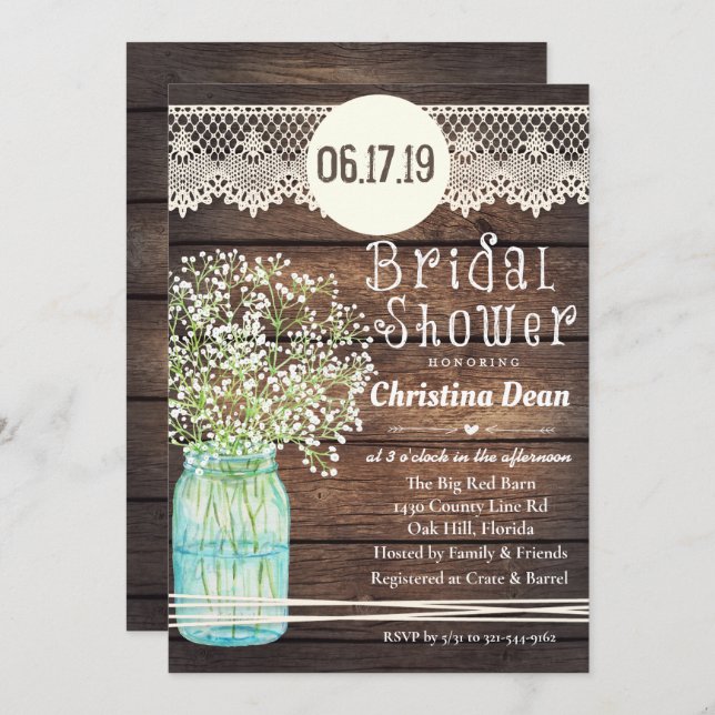 Mason Jar Rustic Wood Bridal Shower Invitation (Front/Back)