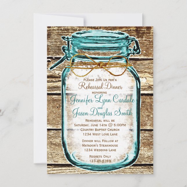 Mason Jar Rustic Wood Rehearsal Dinner Invitations (Front)