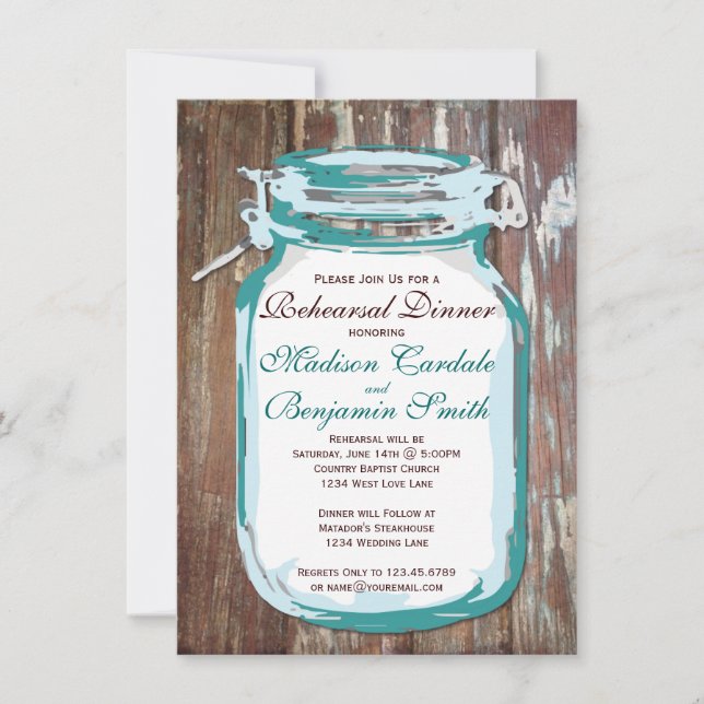 Mason Jar Rustic Wood Rehearsal Dinner Invitations (Front)