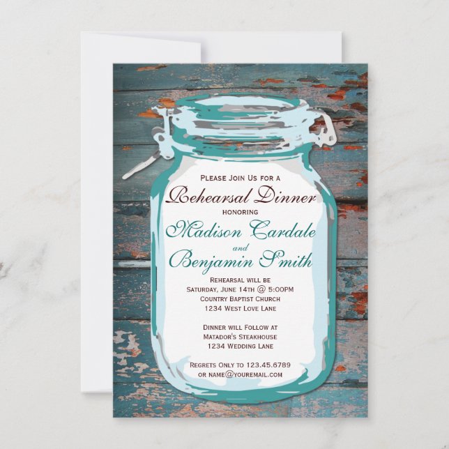 Mason Jar Rustic Wood Rehearsal Dinner Invitations (Front)