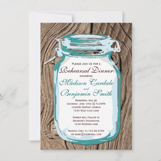 Mason Jar Rustic Wood Rehearsal Dinner Invitations (Front)
