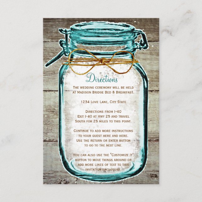 Mason Jar Rustic Wood Wedding Directions Enclosure Card (Front)