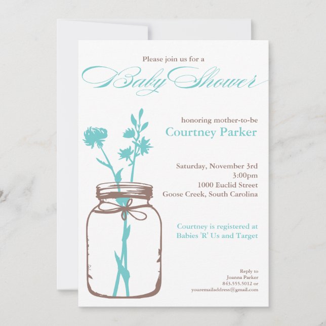 Mason Jar Shower Invitation (blue) (Front)