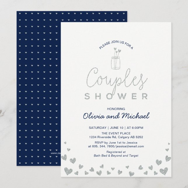 Mason Jar, Silver & Navy Couples Wedding Shower Invitation (Front/Back)