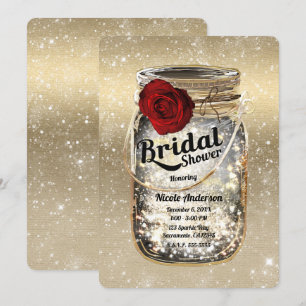 Mason Jar Sparkle Lights & Red Rose Bridal Shower Invitation