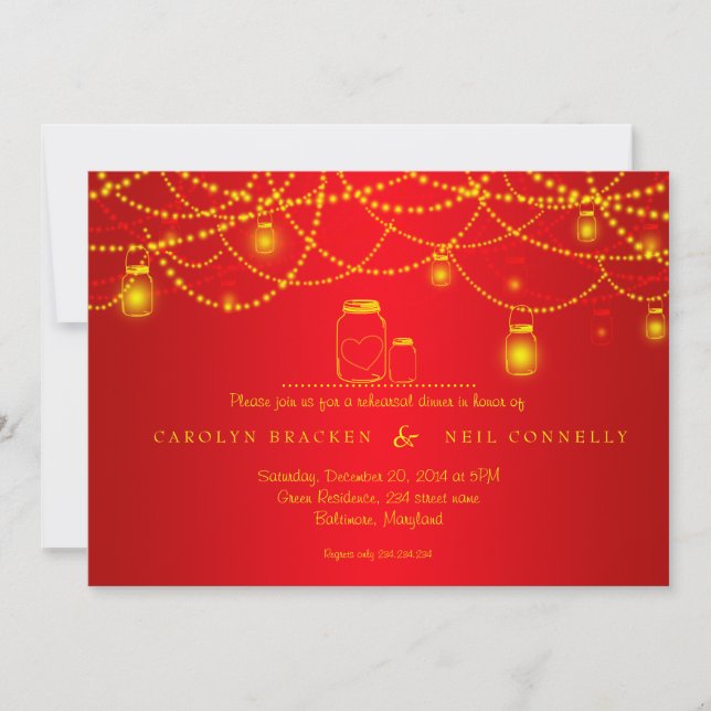 Mason Jar | Sparkling Lights Red Rehearsal Dinner Invitation (Front)