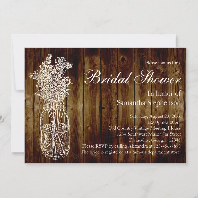 Mason Jar Stamp/Dark Wood Bridal Shower Invitation (Front)