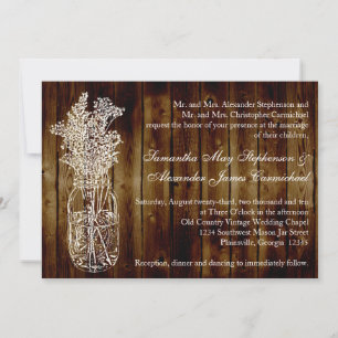 Mason Jar Stamp/Dark Wood Plank Wedding Invitation