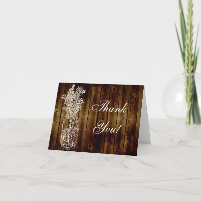 Mason Jar Stamp on Dark Wood Plank Thank You Card (Front)