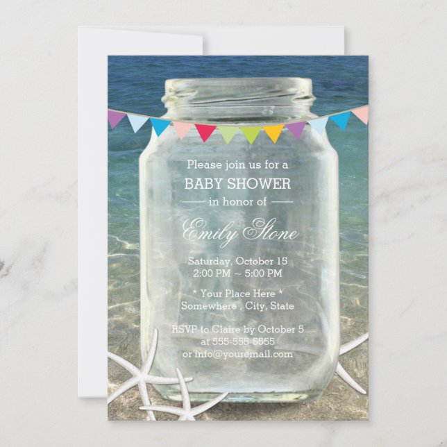 Mason Jar & Starfish Blue Sea Beach Baby Shower Invitation (Front)