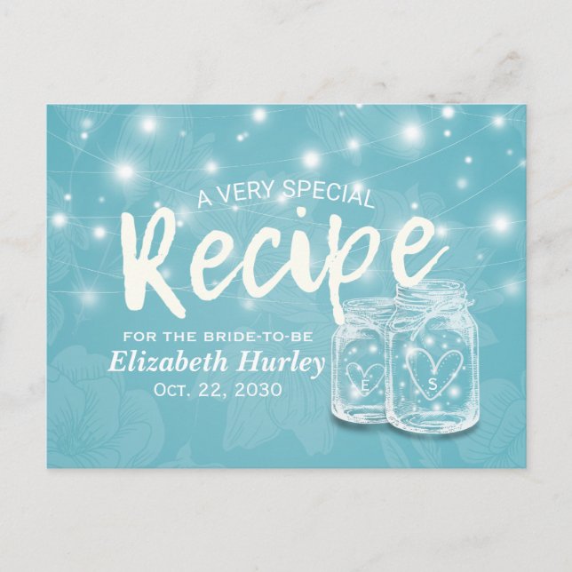 Mason Jar String Light Floral Bridal Shower Recipe Invitation Postcard (Front)