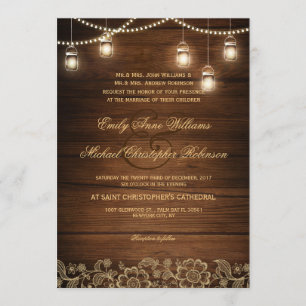 Mason jar string light gold lace rustic wedding invitation