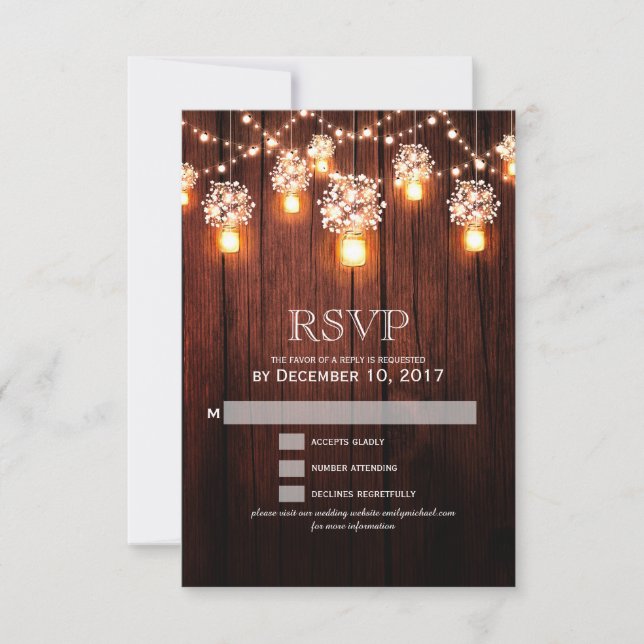 Mason jar string light wooden wedding RSVP Card (Front)