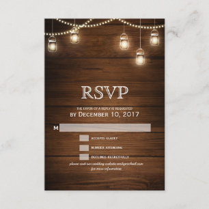 Mason jar string light wooden wedding RSVP Card