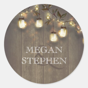 Mason Jar String Lights and Rustic Tree Branches Classic Round Sticker