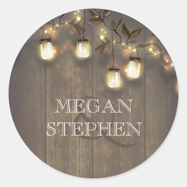 Mason Jar String Lights and Rustic Tree Branches Classic Round Sticker (Front)