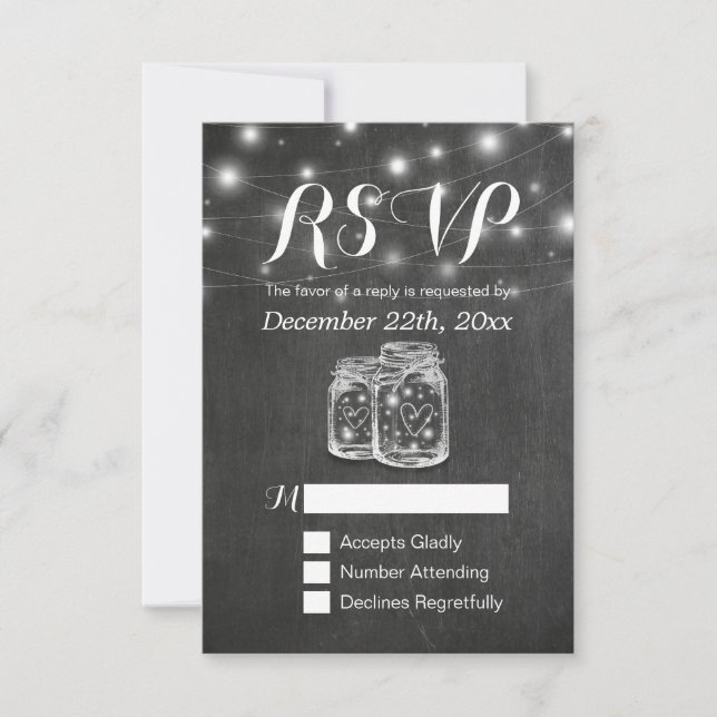 Mason Jar & String Lights Chalkboard Wedding RSVP (Front)